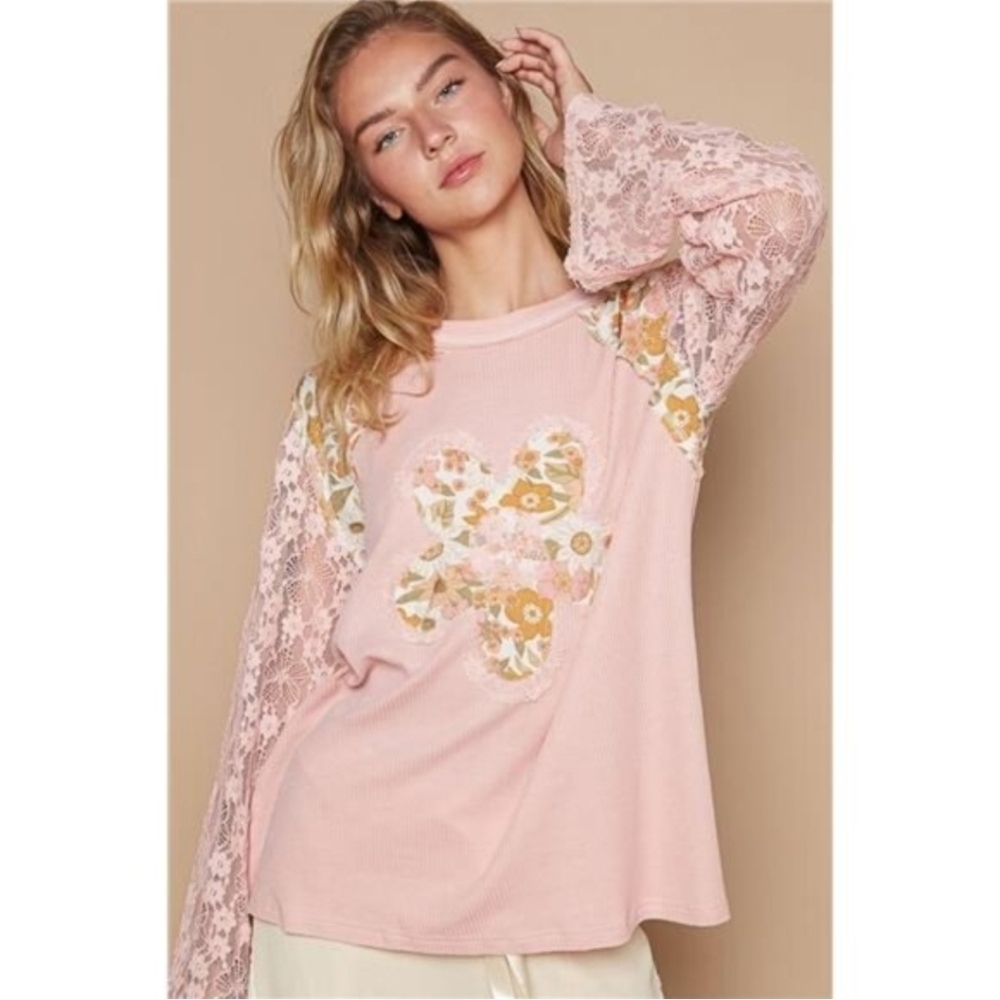 POL Pink Floral Patchwork Lace-Sleeve Top